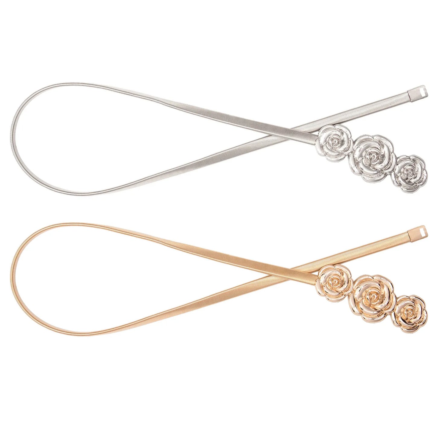 New Elastic Gold SIilver Chain Belt Women Metal Waistband Leaf Rose Stick Stretch Belt Dress Skirt Shirt Coat Clothes accessories