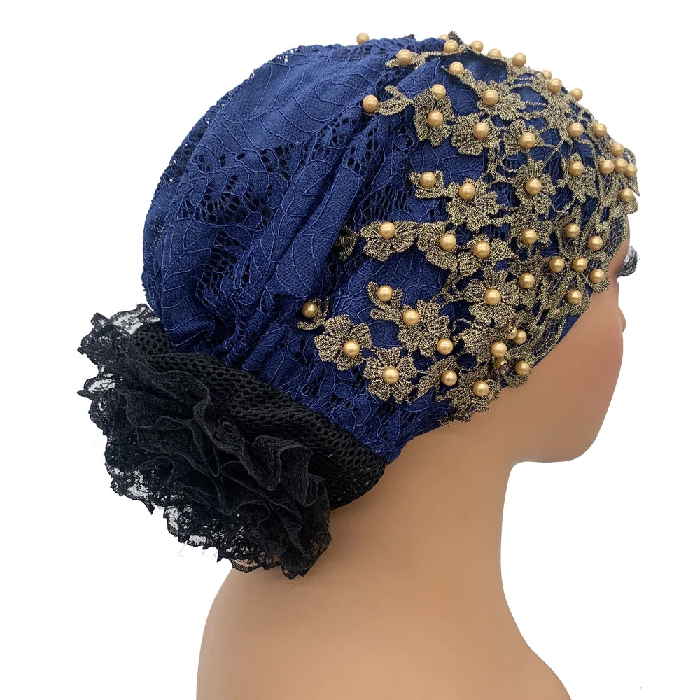 Embroidery Beading Turban Cap for Women Muslim Headscarf Hat Hairloss Chemo Cap African Headwrap Bonnet