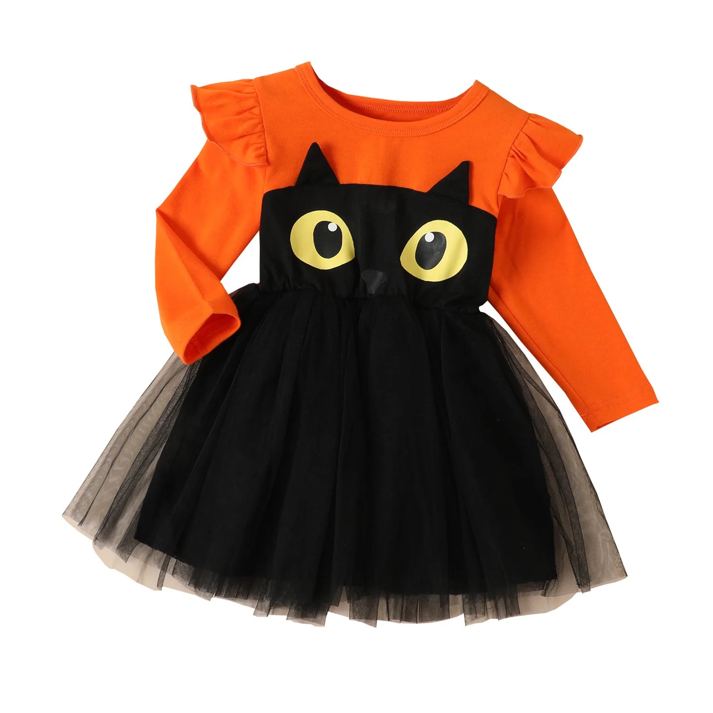 Halloween European American Kid Costume Girl Autumn Dress Long Sleeve Cartoon Black Kitten Printed Tulle Children Princess Dress