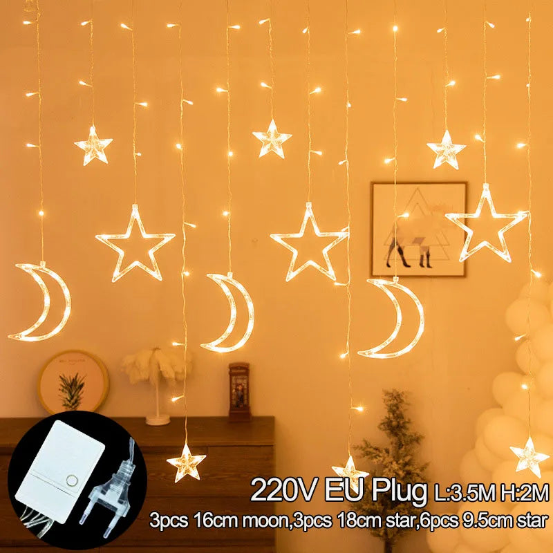 Moon Star Led Curtain Garland String Light EID Mubarak Ramadan Decorations for Home Islam Muslim Event Party Supplies Gifts