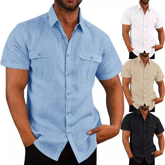 Men's Shirt Double Pocket Cotton Linen Short Sleeve Shirts for Men Casual Holiday Beach Shirt streetwear Solid Color Slim Fit mon