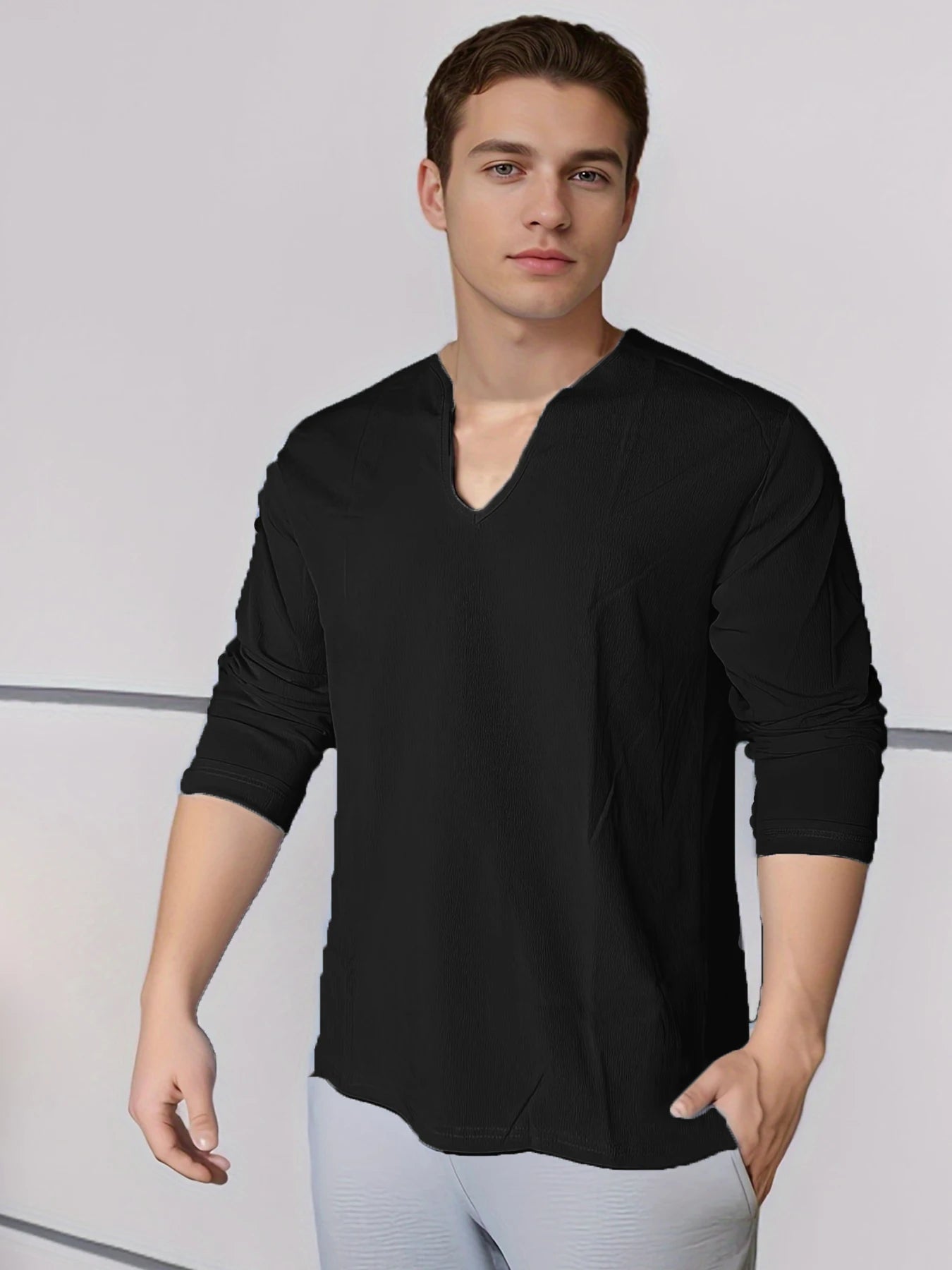 Men's Shirt Top V Neck Breathable Beach Shirt Long Sleeves Closure Regular Fit Solid Color Male Casual Shirt For Daily Vacation mon