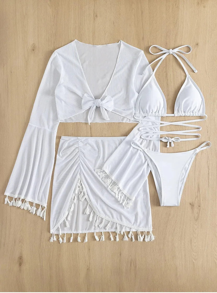New Conservative Four Piece Solid Color Tassel Hoodie, Mesh Skirt, Bikini Swimsuit for Women