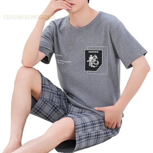 Summer 4XL Knitted Cotton Short Sleeved Men's Pajamas Sets Male Pajama Set Plaid Pajama For Men Sleepwear Suit Homewear mon