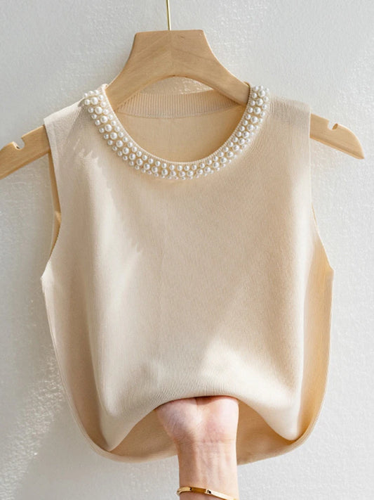 Knitted Vests Women Top Solid Tank Blusas Mujer De Moda Summer New Fashion Female Sleeveless Beading Casual Thin Tops