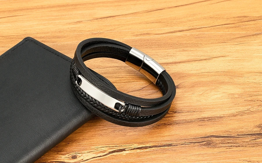 XQNI Multi-layer Braided Leather Wrap Bracelet Men Cool Trend Stainless Steel Casual Buckle Bracelet Jewelry Accessories Gift mon