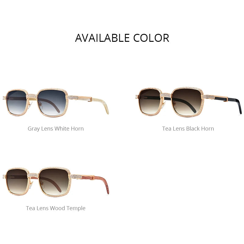 HEPIDEM High Quality Men Buffs Sunglasses Square Luxury Brand Design Diamond Sumptuous Sun Glasses Women Buffalo Horn Glasses