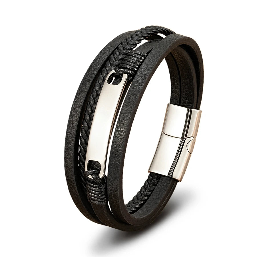 XQNI Multi-layer Braided Leather Wrap Bracelet Men Cool Trend Stainless Steel Casual Buckle Bracelet Jewelry Accessories Gift mon