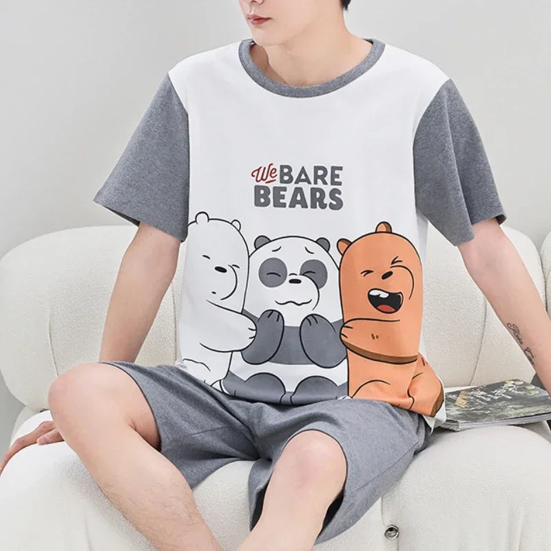 Summer 4XL Knitted Cotton Short Sleeved Men's Pajamas Sets Male Pajama Set Plaid Pajama For Men Sleepwear Suit Homewear mon