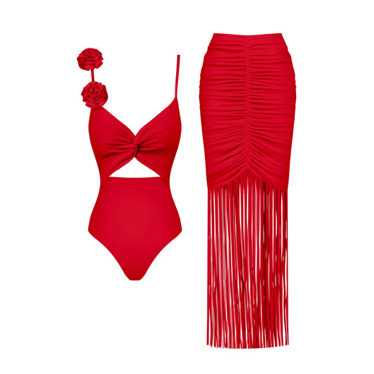 Red Flower Swimsuit With Cover Up Luxury Woman Swimwear Off Shoulder Swim Suits Female Sliming Bodysuit Chic Beachwear