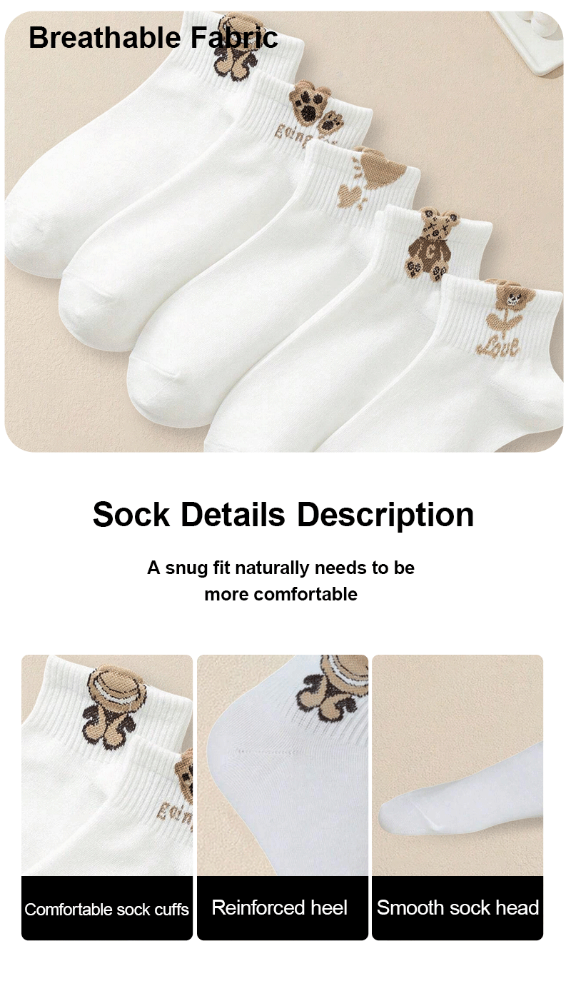 5/10/20 Pairs Women Cartoon Teddy Bear Patterned Ankle Socks Versatile Fashionable Creative Breathable Comfortable Casual Socks cloths