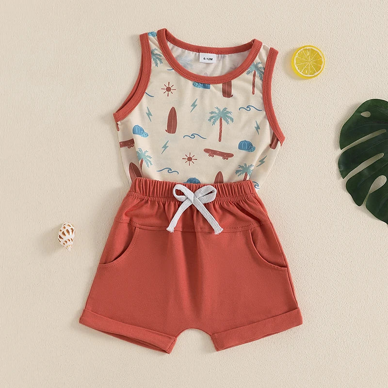 Infant Toddler Boy Summer Clothes Sleeveless Pattern Print Tank Vest Top Solid Jogger Shorts Set Beach Outfit