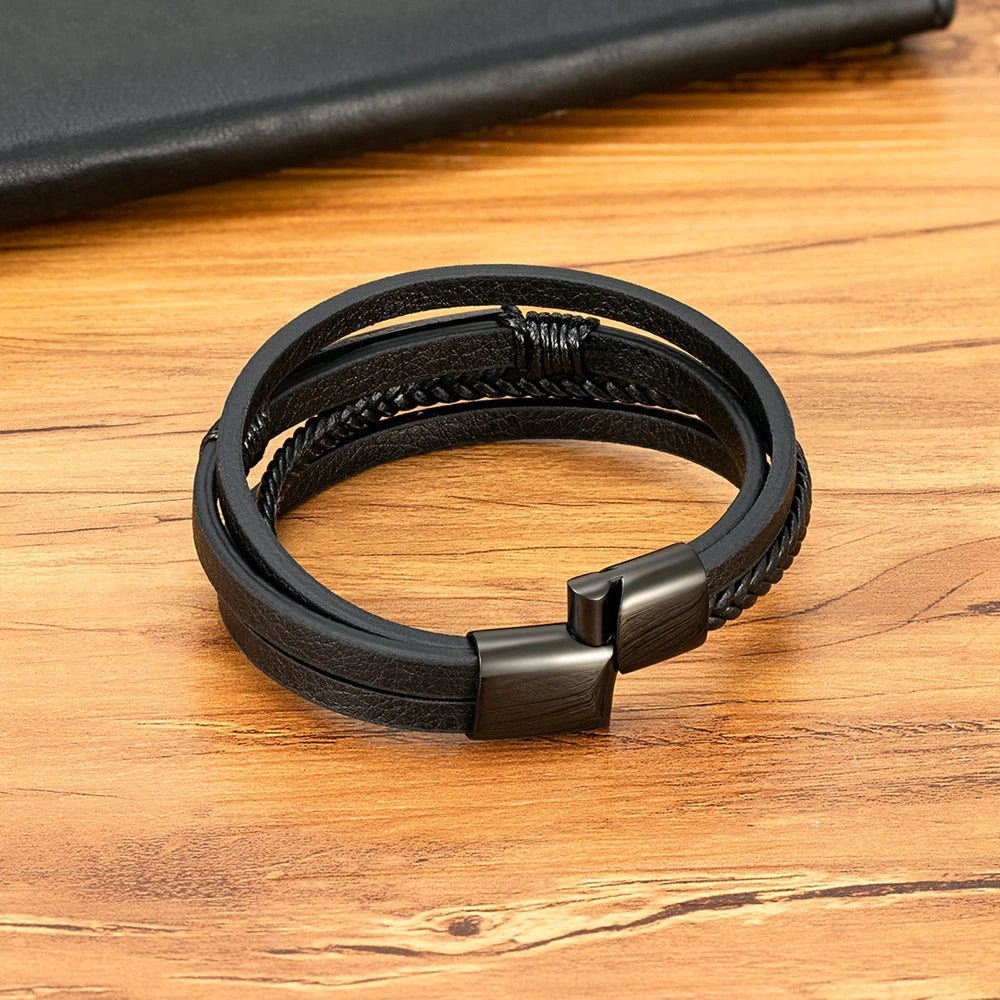 XQNI Multi-layer Braided Leather Wrap Bracelet Men Cool Trend Stainless Steel Casual Buckle Bracelet Jewelry Accessories Gift mon