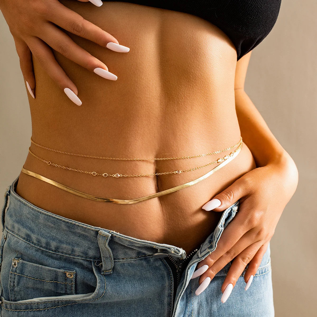 3Pcs Boho Flat Snake Chain Belly Waist Chain for Women Simple Silver Color Zircon Summer Beach Jewelry Female Bikini Accessories