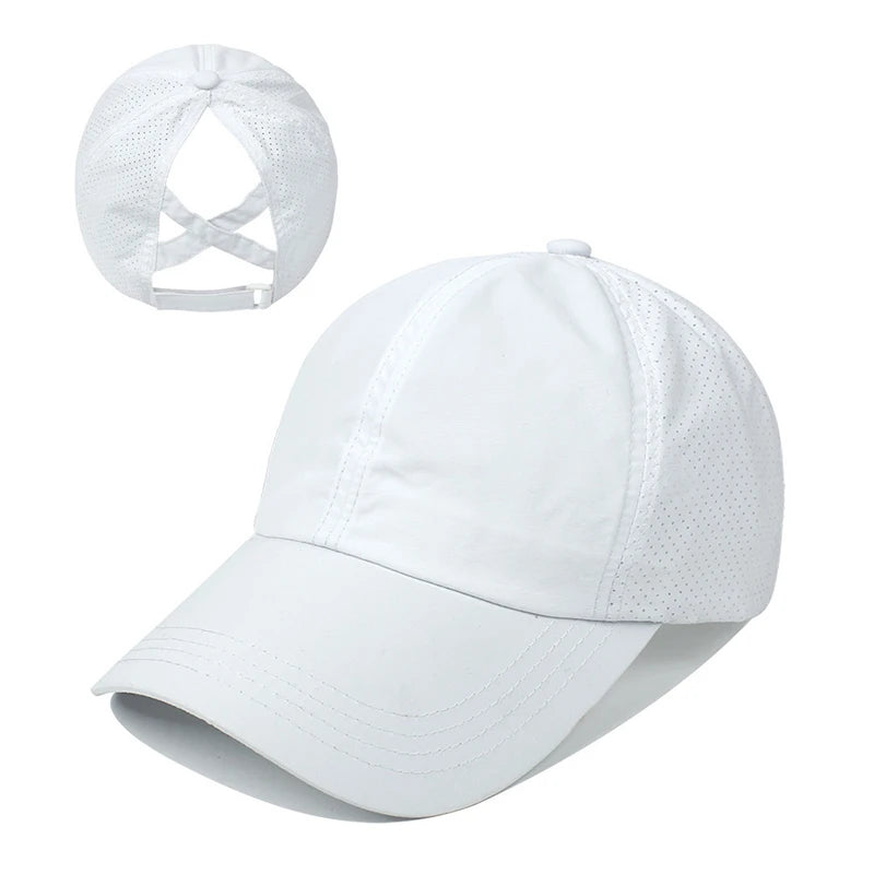 Summer Solid Color Baseball Caps Golf Wear Women Sport Leisure Cross Ponytail Hat Mesh Quick-Drying Half-Hollow