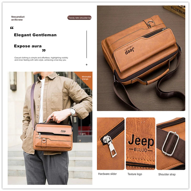 JEEP BULUO Brand Men's Crossbody Shoulder High Quality Tote Fashion Business Man Messenger Big Size PU Leather Bags