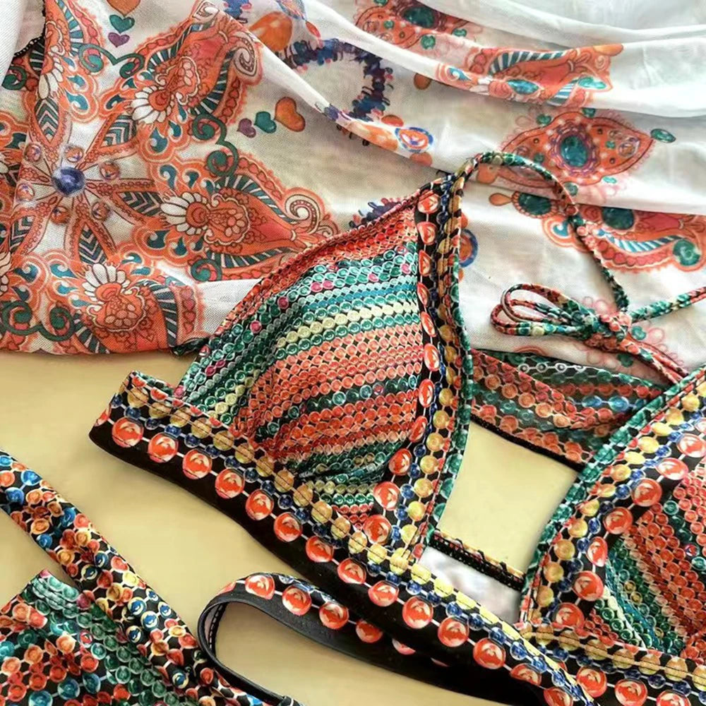 Vintage National Bikini Swimsuit With Mesh Cover Ups Cross Front Halter Bikini 3 Piece Set Blue/Green/Red High Waist Beachwear