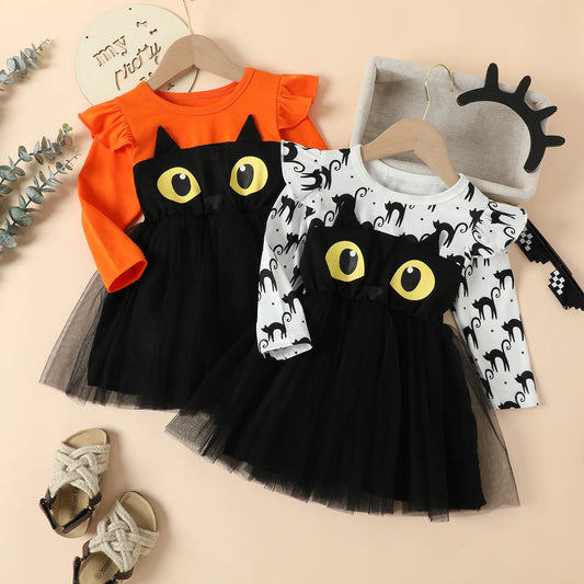 Halloween European American Kid Costume Girl Autumn Dress Long Sleeve Cartoon Black Kitten Printed Tulle Children Princess Dress