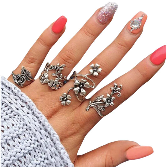 4PCS/Set Forest Vine Leaf Flower Ring Vintage Punk Antique Carved Midi Finger Ring Women Bohemian Rings