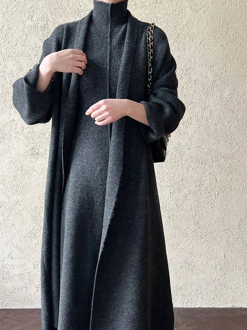 Women Two Pieces Dress Sets Knitted Sweater Matching Suits Sleeveless Long Dress Lengthy Cardigan Casual Y2k Elegant Autumn