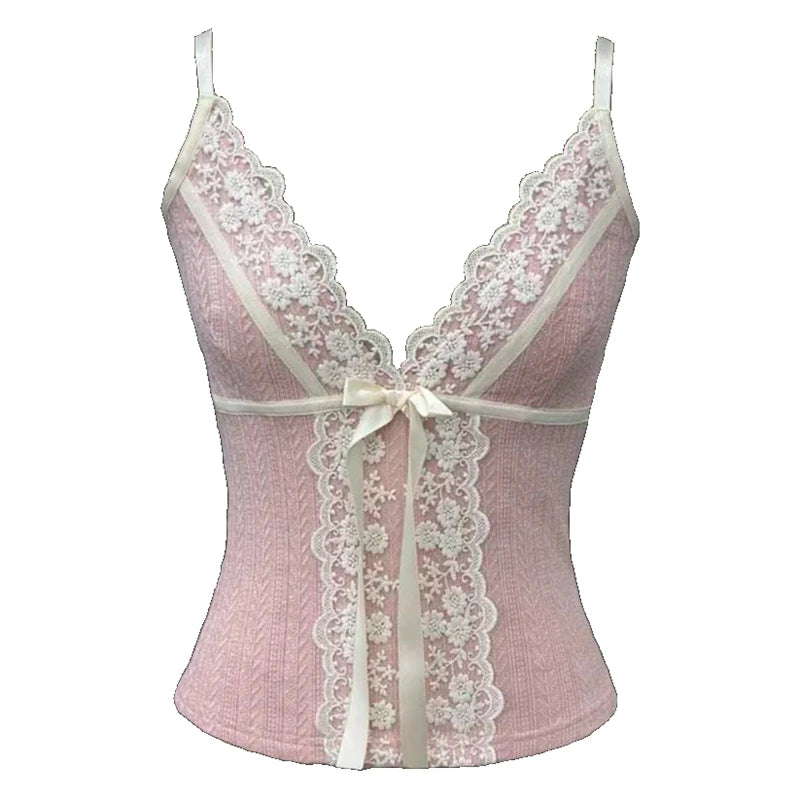 Combhasaki Women Y2K Elegant Fairycore Floral Lace Trim Patchwork Camis Sleeveless Deep V-Neck Bow Decor Slim Fit Crop Vest Tops