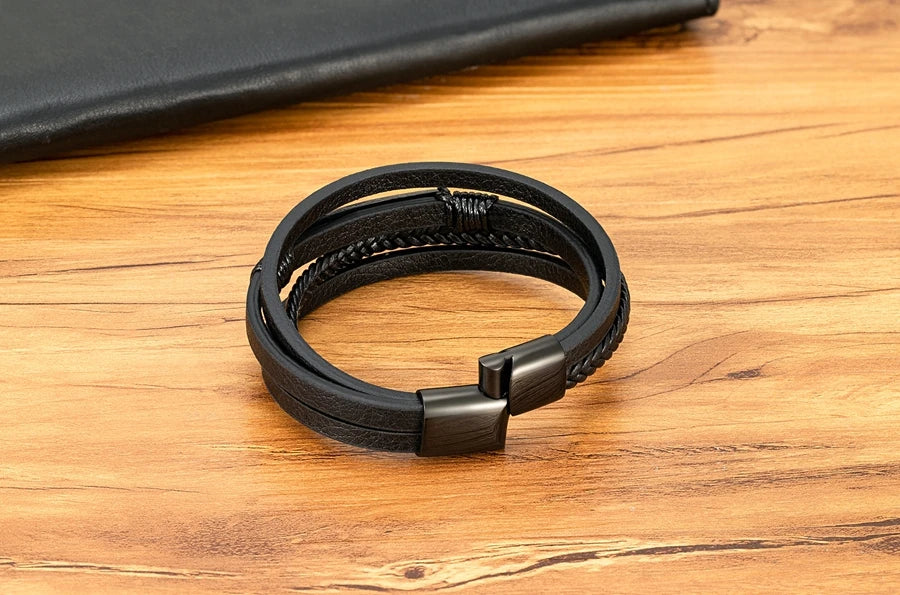 XQNI Multi-layer Braided Leather Wrap Bracelet Men Cool Trend Stainless Steel Casual Buckle Bracelet Jewelry Accessories Gift mon