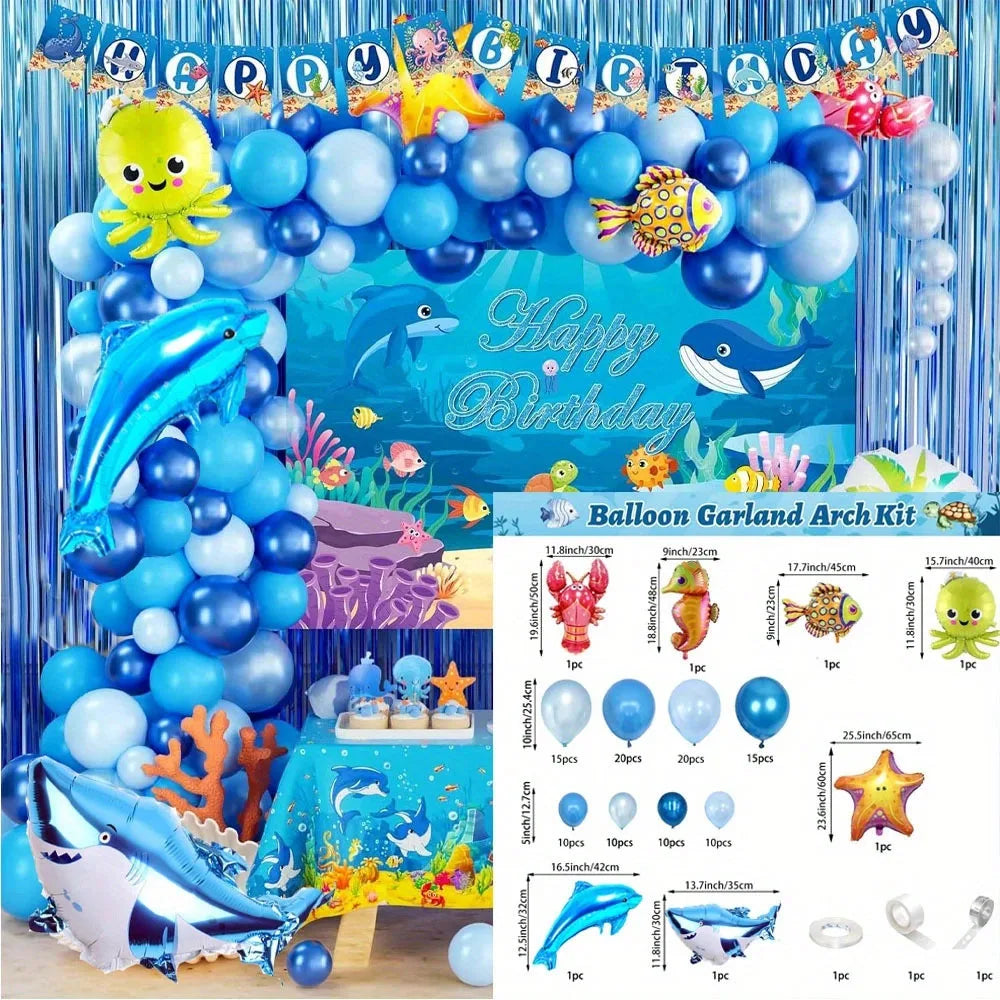 120pcs Ocean Themed Balloon Set, Blue Balloons and Marine Animals As Birthday Parties and Summer Outdoor Beach Decorations