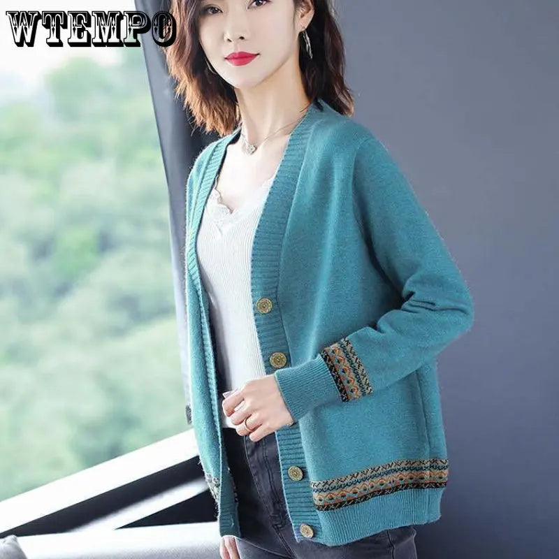 WTEMPO Spring Autumn Solid Color Women's Knitted Cardigan Long Sleeve Korean Loose V-Neck Button Sweaters Coat Female Clothing