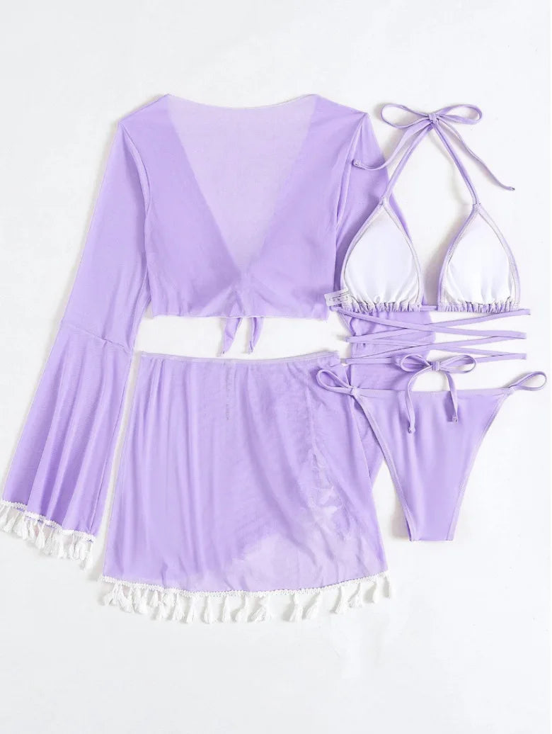 New Conservative Four Piece Solid Color Tassel Hoodie, Mesh Skirt, Bikini Swimsuit for Women