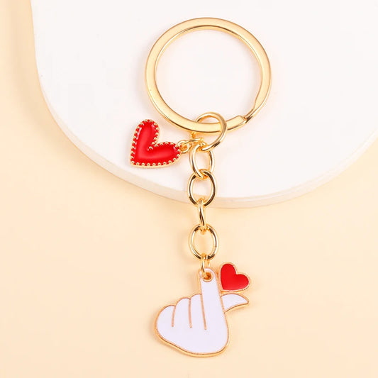 Cute Enamel Finger Heart Pendants Key Chain Fashion Love Keyrings For Women Men Handbags Car Key Decor Jewelry Party Friend Gift