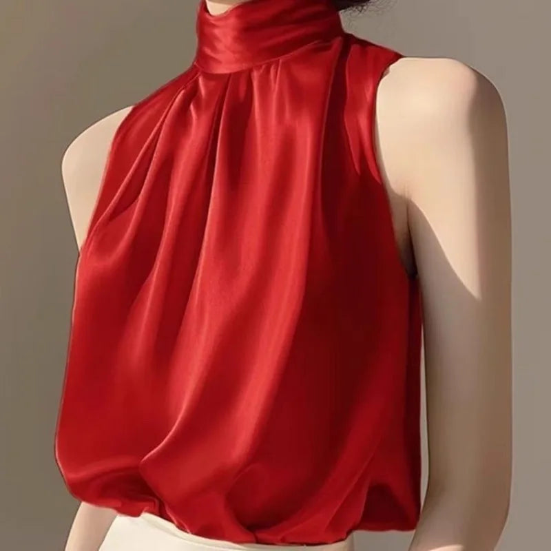 Silkly Satin Sleeveless Crop Top Summer Half Turtleneck Women Pulover Tee Halter Vest Lady Loose Shirts Red party Blouses