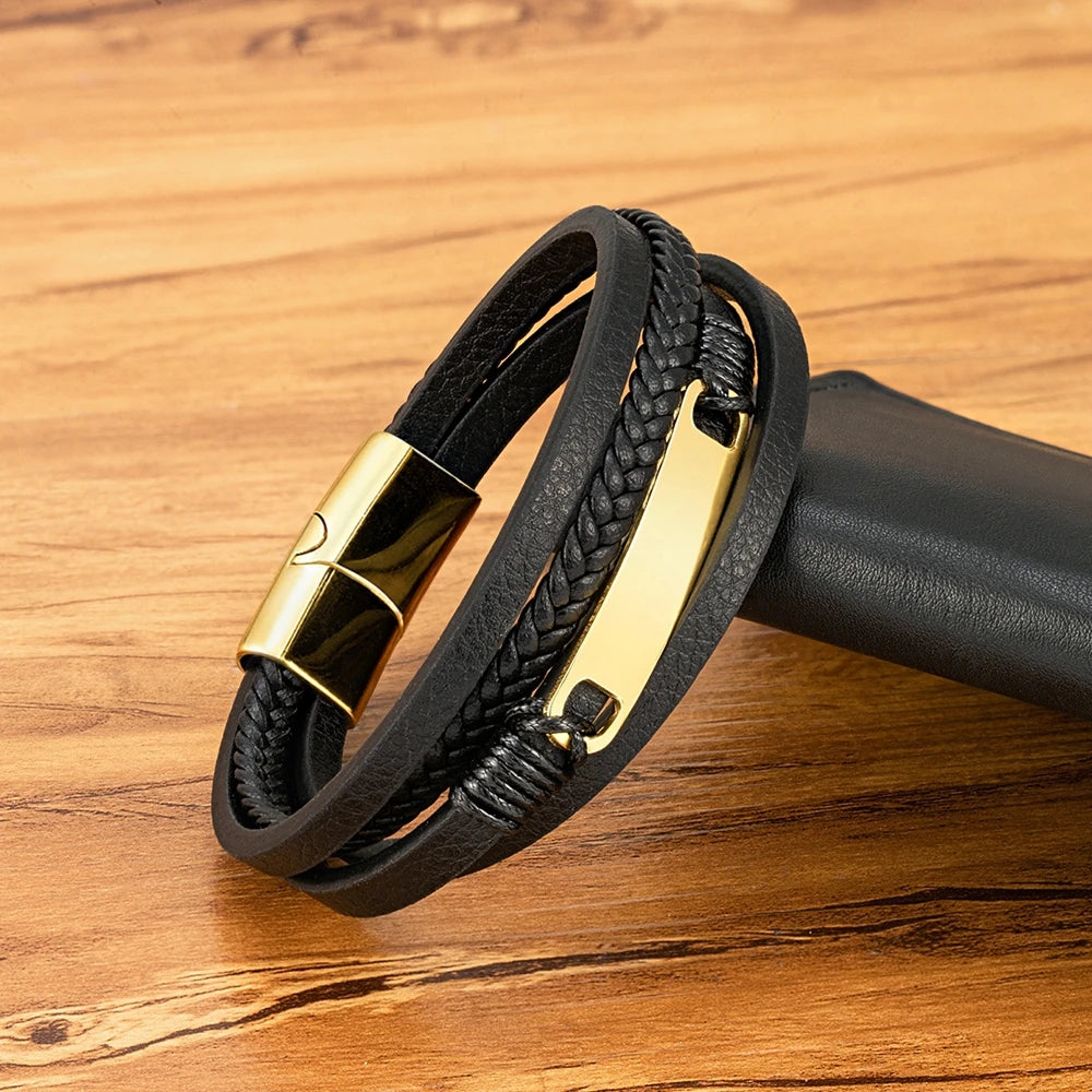 XQNI Multi-layer Braided Leather Wrap Bracelet Men Cool Trend Stainless Steel Casual Buckle Bracelet Jewelry Accessories Gift mon