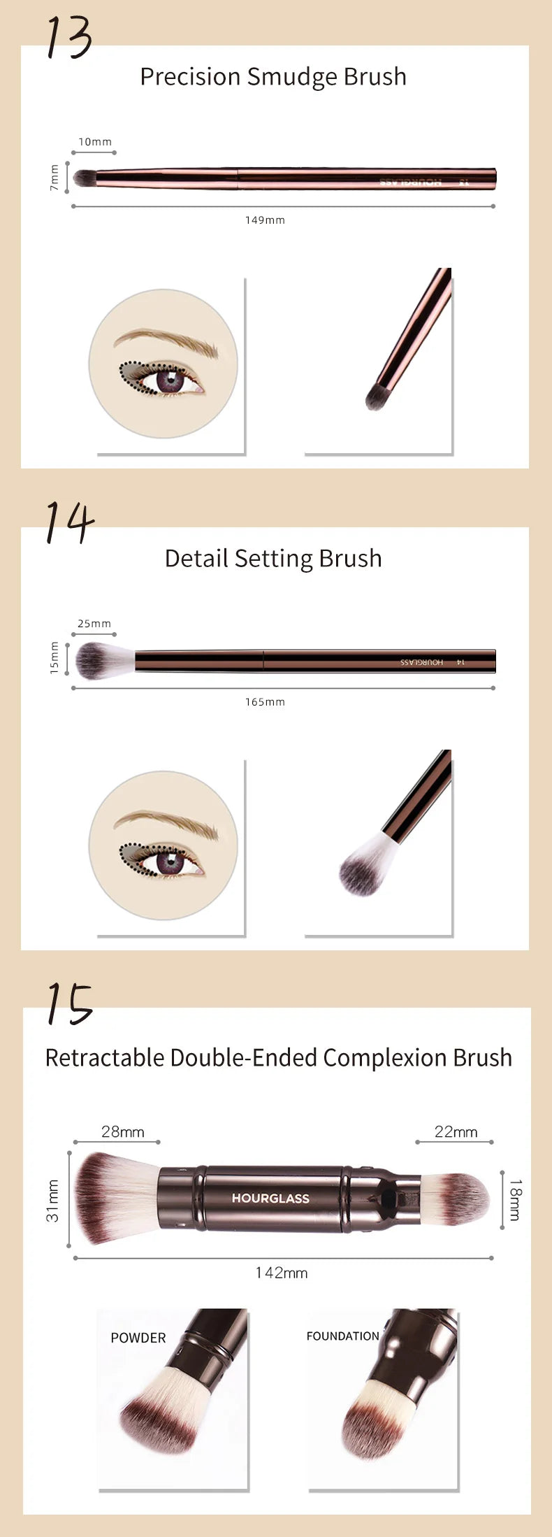 Hourglass Makeup Brush All Kinds Eyeshadow Foundation Concealer Powder Bronzer Blusher Eyeliner Retractable Professional Brushes make up tool
