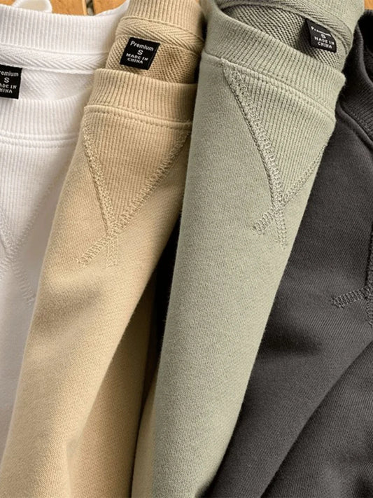 heavy cotton sweater men's autumn new loose and thick long-sleeved t-shirt solid color Japanese crew neck bottoming shirt mon