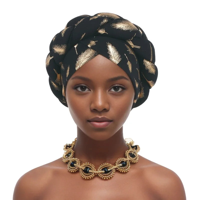 Feather Braid Turban Caps for Women Headwear Headscarf Bonnet Female Head Wraps African Indian Hat Turbante Mujer
