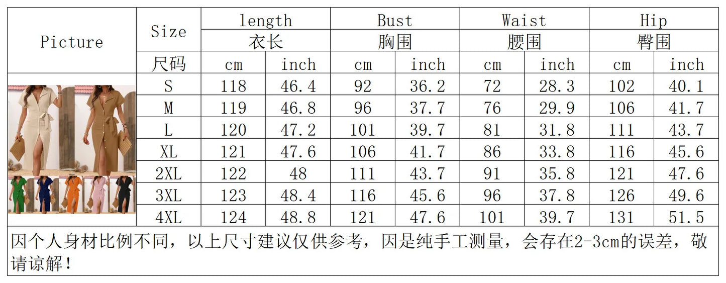 Women's Casual V Neck Short Sleeved Single-breasted Lace-up MIDI Dress Summer Solid Color Stylish Elegant Female Shirt Dresses