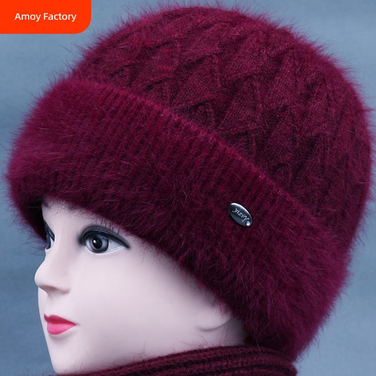Winter Middle-Aged and Elderly People's Hats Female Ladieswear Rabbit Fur Knitted Warm Hat Women Woolen Cap Grandma Fleece-lined Cotton-Padded Cap