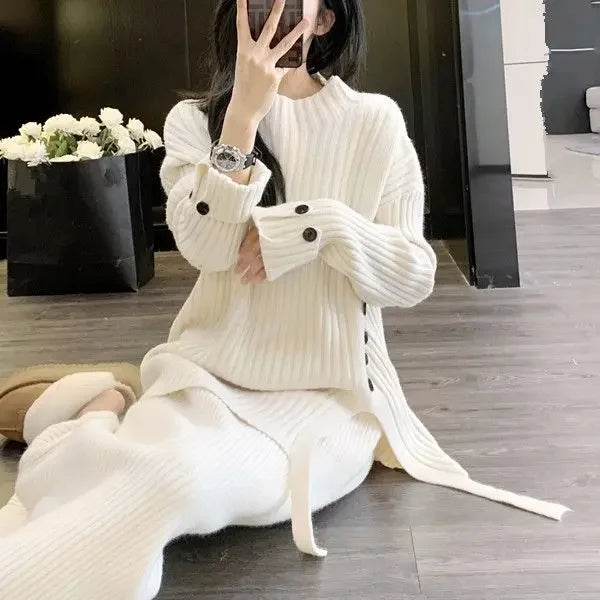 Knitted Sweater Two Piece Set Women's Autumn and Winter Thickened Comfortable Pullover Loose Sweater Tops and Knitted Dress Set