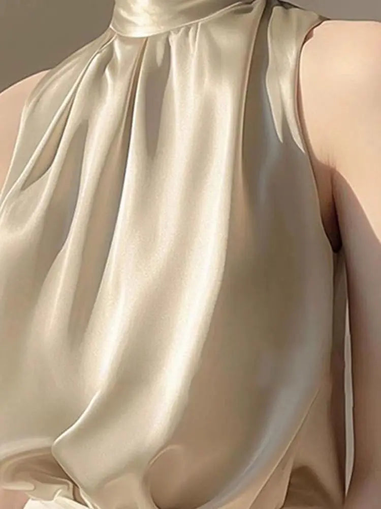 Silkly Satin Sleeveless Crop Top Summer Half Turtleneck Women Pulover Tee Halter Vest Lady Loose Shirts Red party Blouses