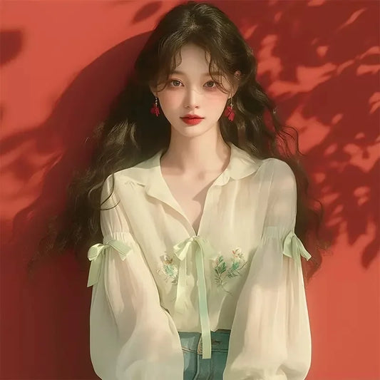 Chiffon Women's Shirt Summer New Solid Korean Clothing Sales Loose Long Sleeves Tops Vintage Women Blouses