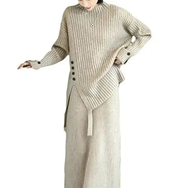Knitted Sweater Two Piece Set Women's Autumn and Winter Thickened Comfortable Pullover Loose Sweater Tops and Knitted Dress Set