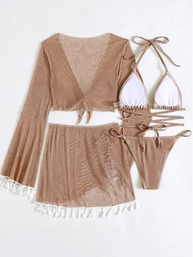New Conservative Four Piece Solid Color Tassel Hoodie, Mesh Skirt, Bikini Swimsuit for Women