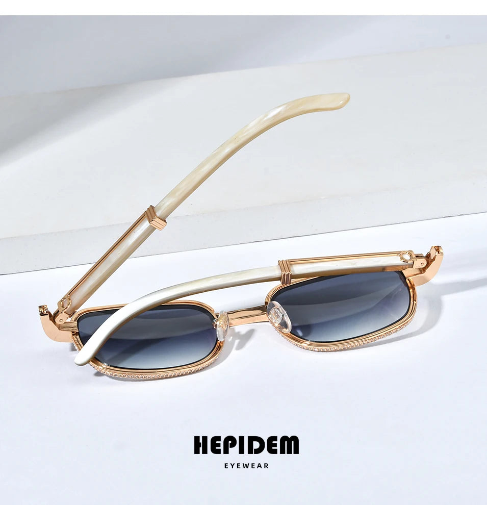 HEPIDEM High Quality Men Buffs Sunglasses Square Luxury Brand Design Diamond Sumptuous Sun Glasses Women Buffalo Horn Glasses