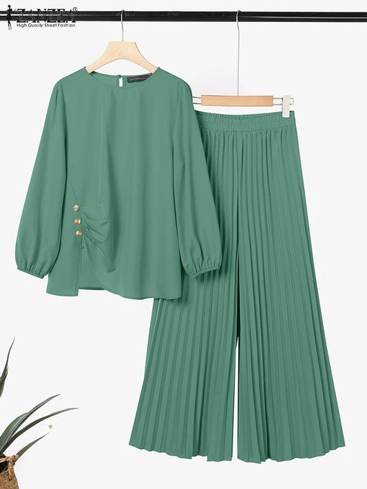 Autumn Matching Sets ZANZEA Outfits Casual Long Sleeve Tops Trousers Suit Solid Loose Tracksuit 2 Pieces Sets
