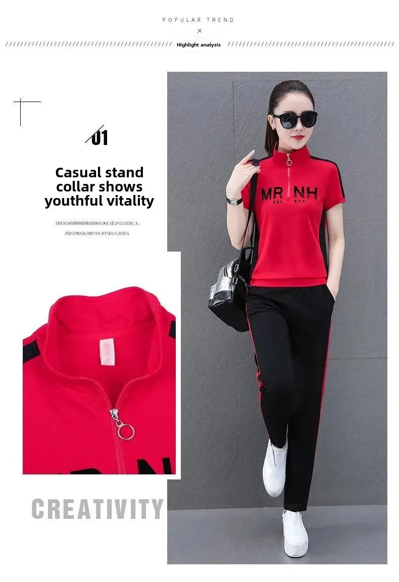 Fashionable Women's Sport Suit Summer New Style Slimming Casual 2-piece Set Age-reducing Running Clothes