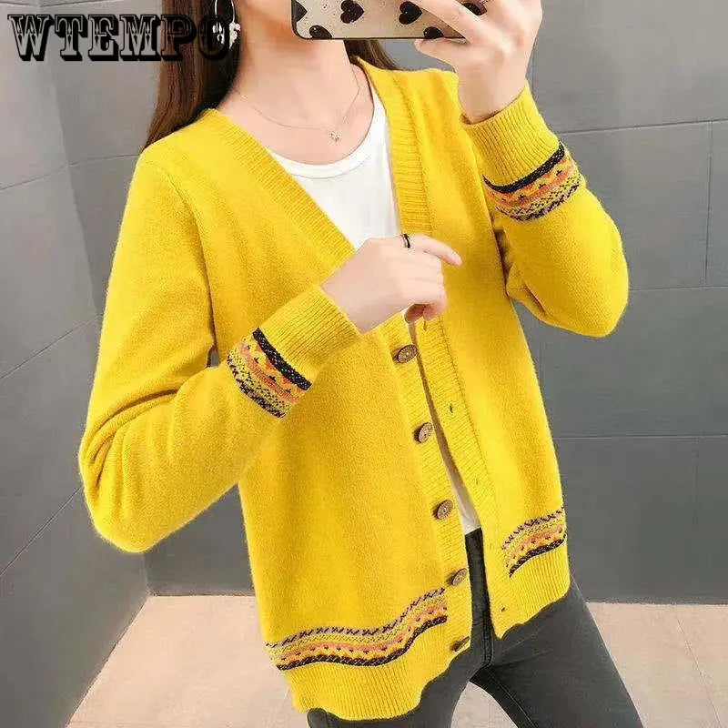 WTEMPO Spring Autumn Solid Color Women's Knitted Cardigan Long Sleeve Korean Loose V-Neck Button Sweaters Coat Female Clothing