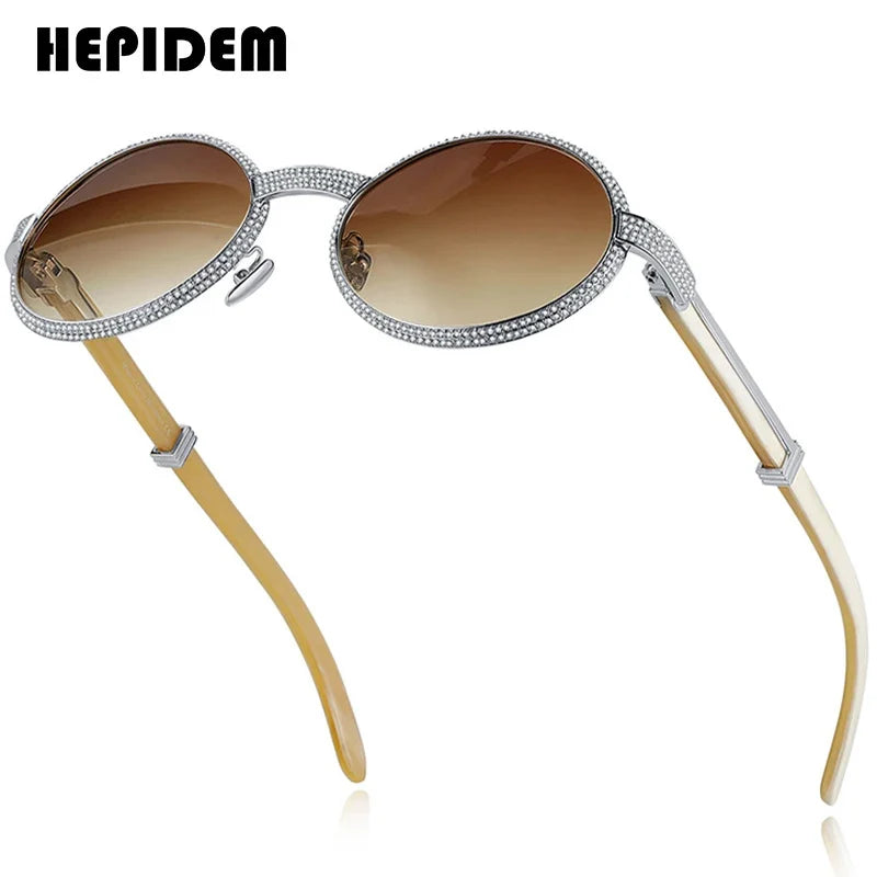 HEPIDEM High Quality Men Buffs Sunglasses Square Luxury Brand Design Diamond Sumptuous Sun Glasses Women Buffalo Horn Glasses