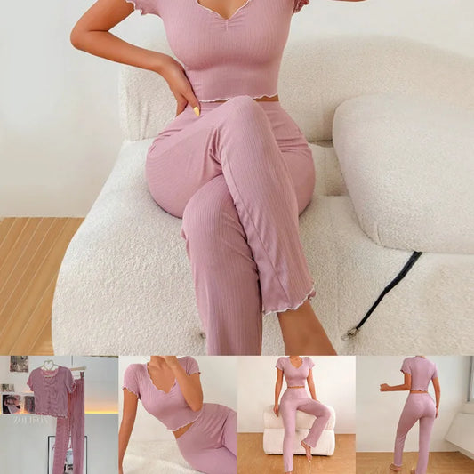 Two-Piece Spring and Summer Women's Pajamas Long Pants Short-Sleeved Lady Fashion Homewear Solid Striped Elastic Soft Loungewear clothes