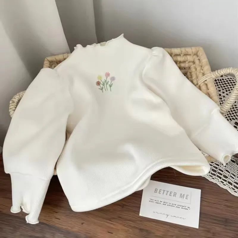 Autumn Winter Girls Bottoming Shirt Flower Embroidery Puff Sleeve Kids Baby Warm Thickening T-shirts Children Casual Tops