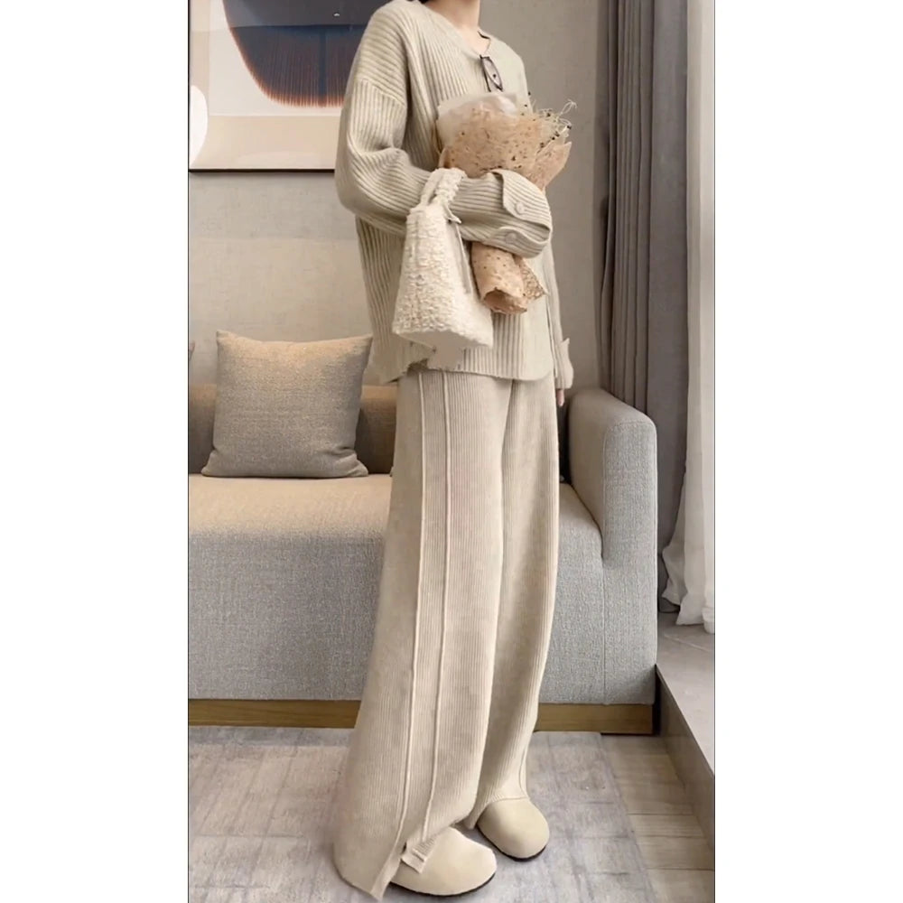 REALEFT Autumn Winter 2 Pieces Women's Sets Knitted Tracksuit Button O-Neck Split Sweater and Straight Jogging Pants Suit